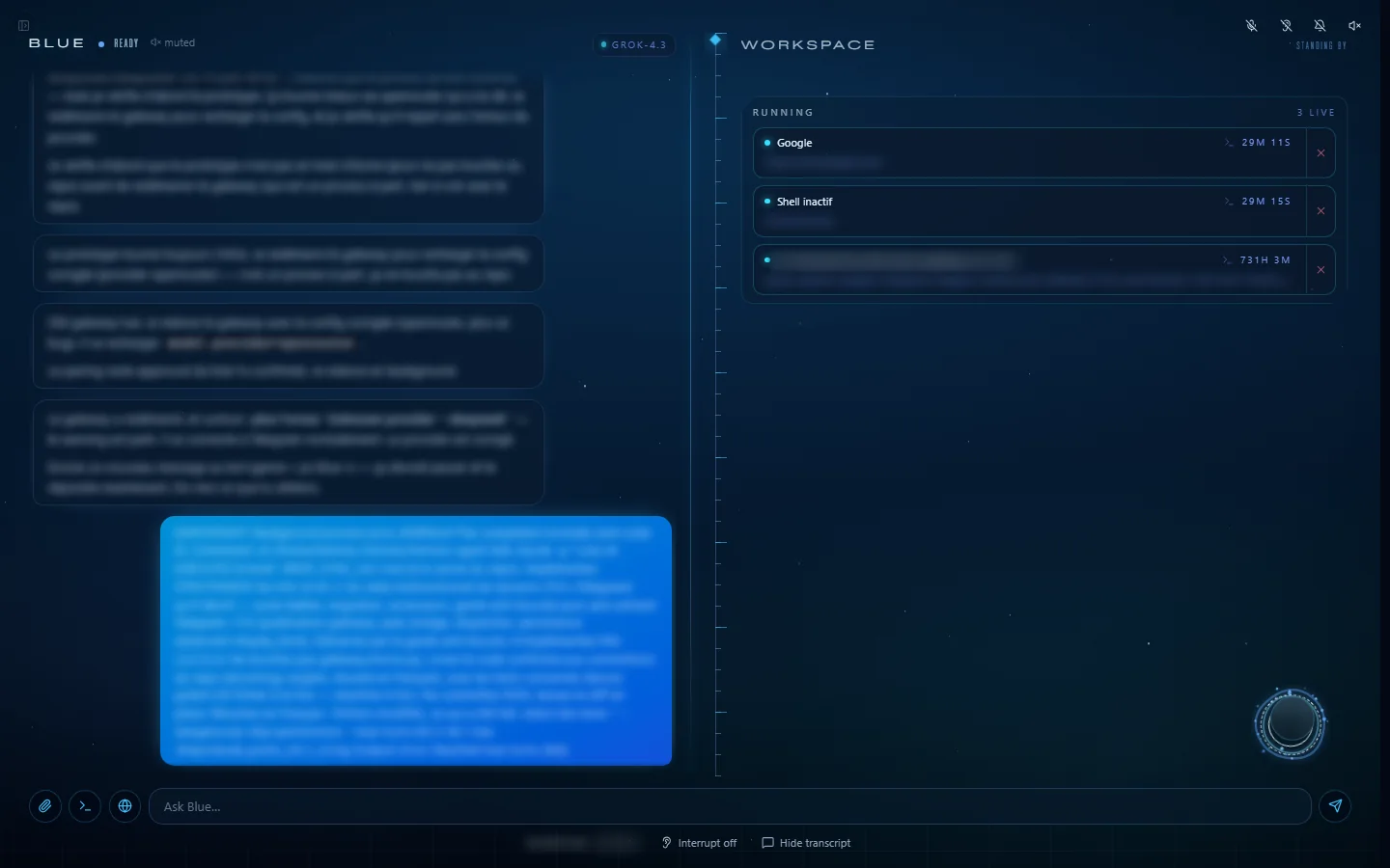 Capture de Blue sur ordinateur, fond bleu nuit : bulles de conversation floutées à gauche, carte « Running, 3 live » à droite avec trois tâches, orbe vocale en bas à droite, champ « Ask Blue… » en bas.