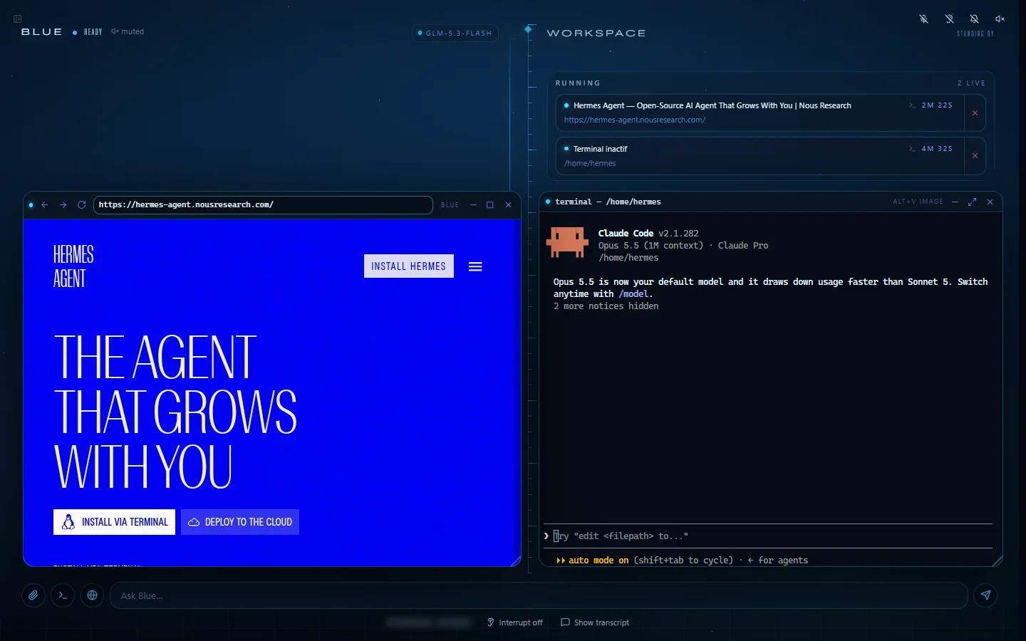 Capture de Blue sur ordinateur : à gauche, une fenêtre navigateur ouverte sur le site de Hermes Agent ; à droite, une fenêtre terminal où tourne Claude Code ; en haut, la carte « Running, 2 live » avec les deux tâches.