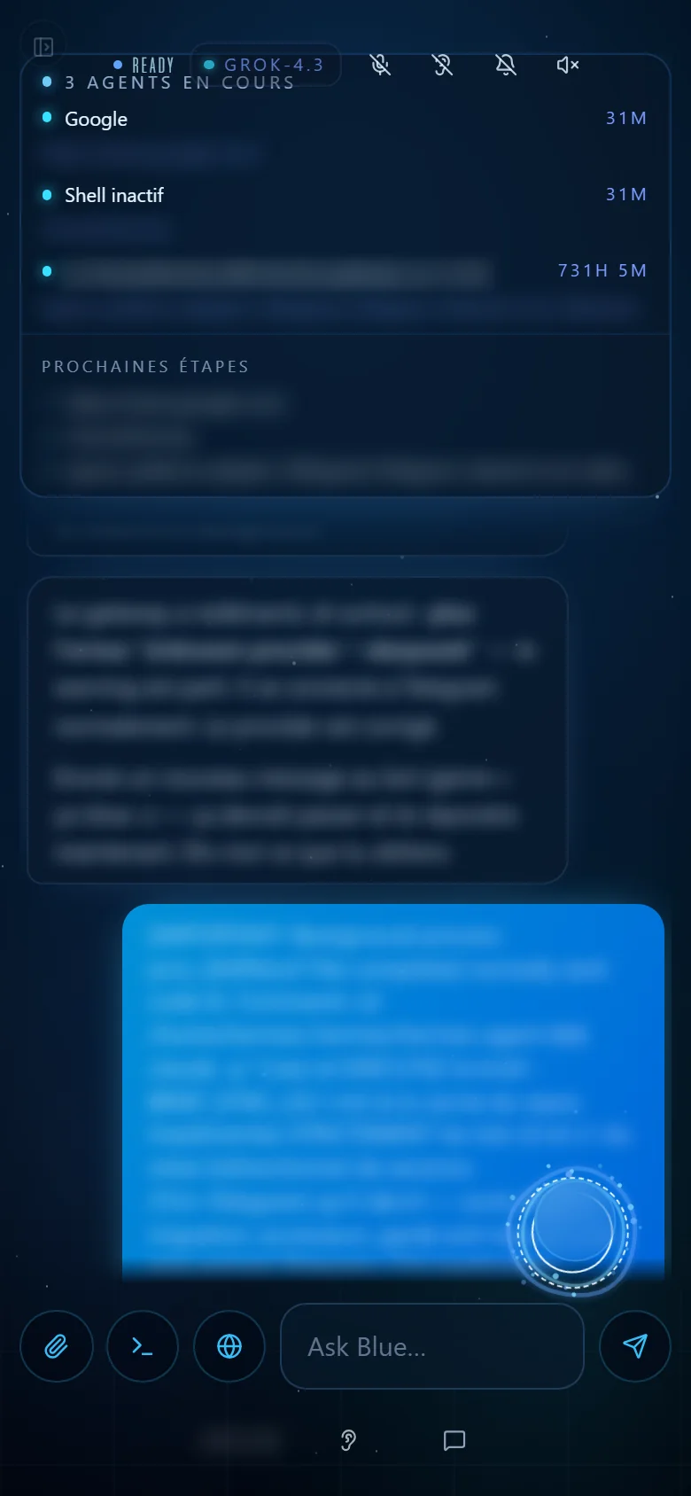 Capture de Blue sur téléphone : carte « 3 agents en cours » et « Prochaines étapes » en haut, conversation floutée, orbe vocale, boutons ronds du compositeur en bas.