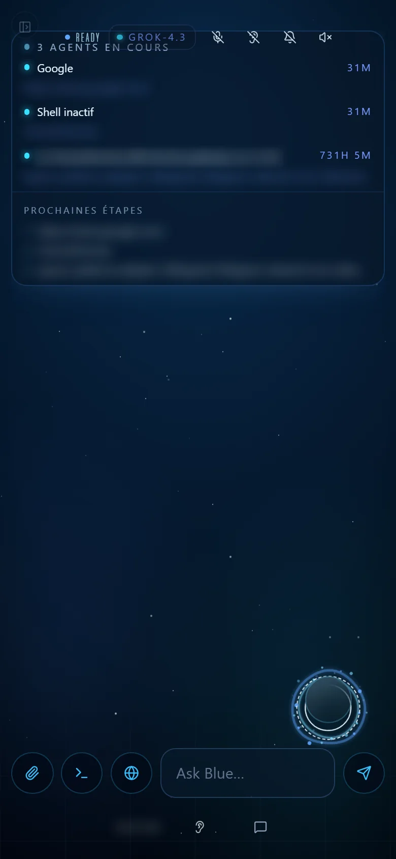 Capture de Blue en mode voix seule sur téléphone : carte d'activité en haut, ciel étoilé vide, orbe et boutons en bas.