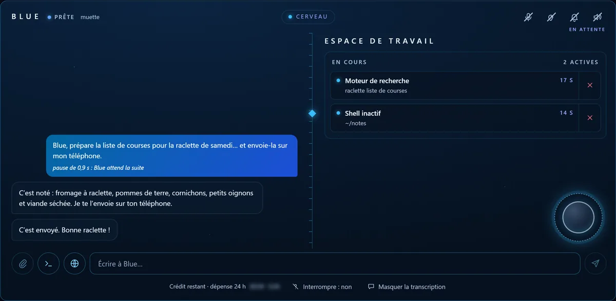 La réplique de Blue : la conversation à gauche, l'espace de travail à droite avec deux tâches en cours et leur durée.