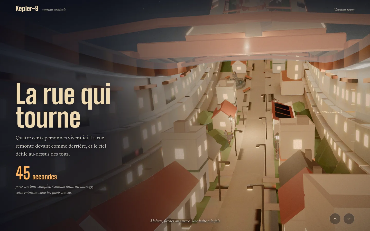 Dans l'anneau habité : une rue bordée de maisons aux fenêtres éclairées, qui remonte devant et derrière, sous une voûte de poutres de cuivre.