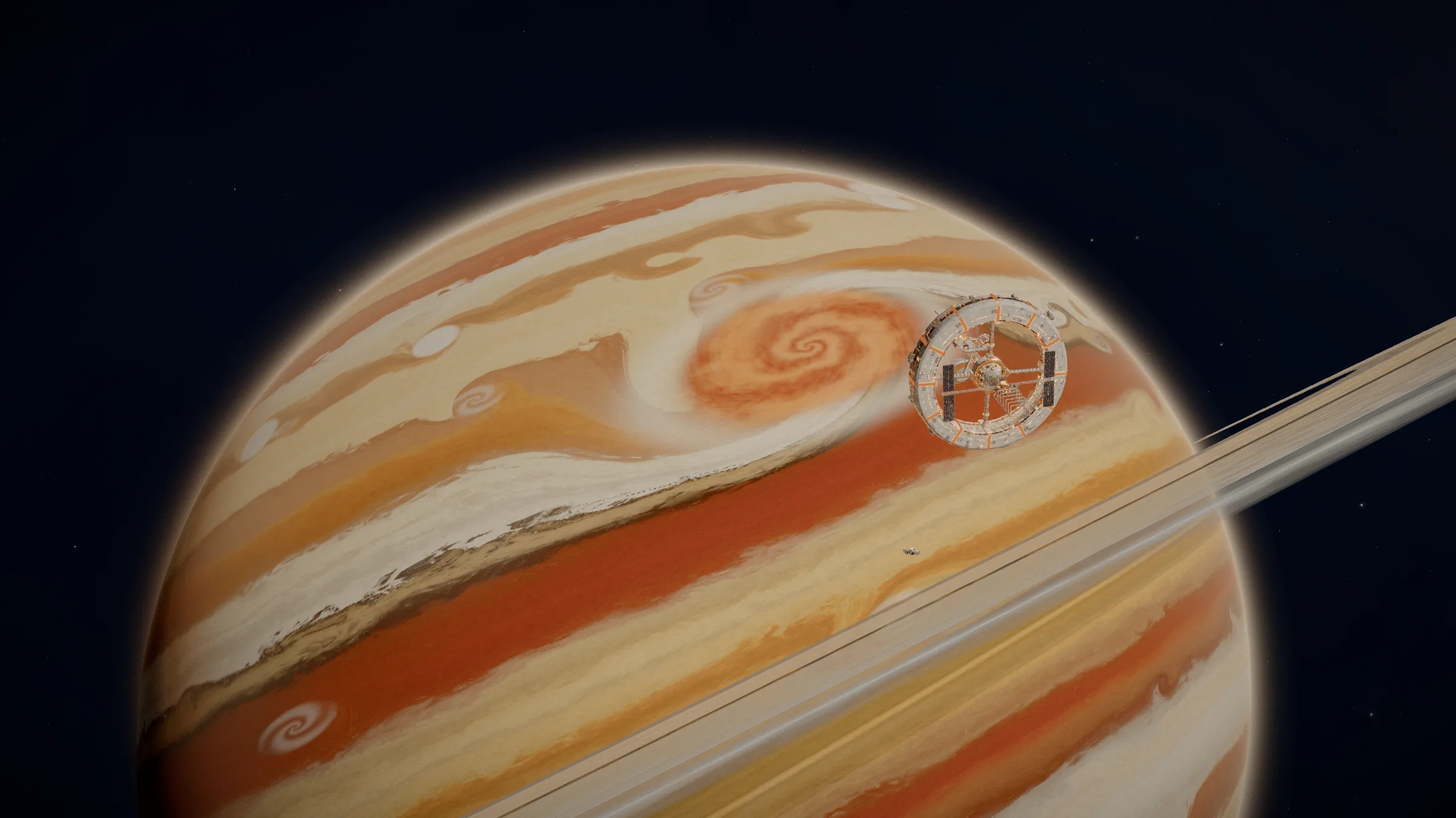 Une station spatiale en anneau devant Kepler-9 b, une géante gazeuse rayée d’orange et de crème, avec ses anneaux.