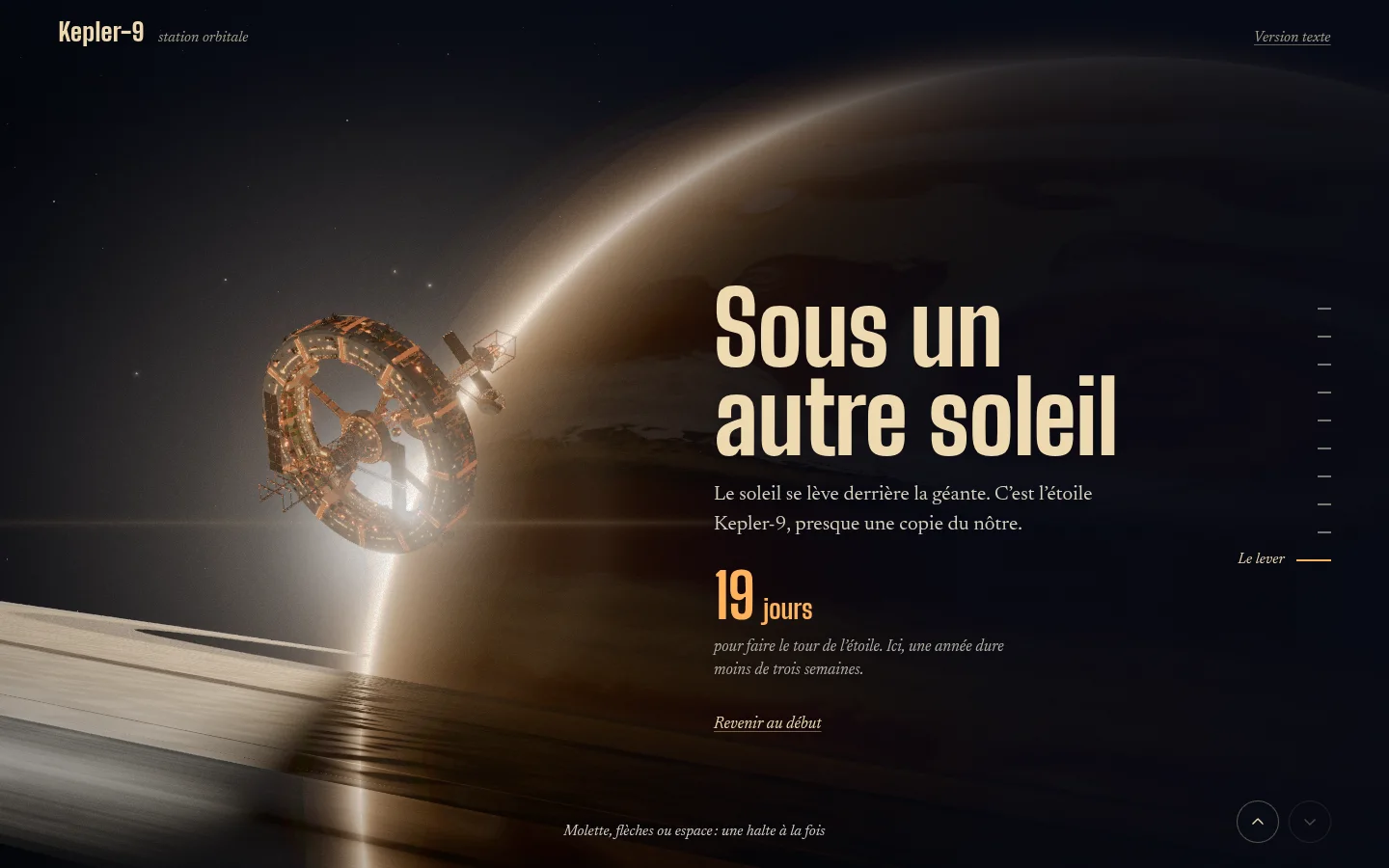 Le soleil se lève derrière la géante gazeuse, vue de la station, en contre-jour.