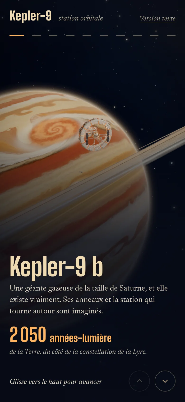 Sur téléphone, la première halte : Kepler-9 b, la géante gazeuse, et la station au loin.