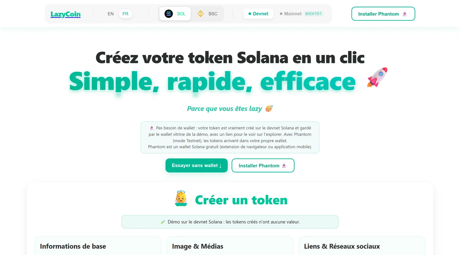 L’accueil de la démo Lazycoin sur ordinateur : « Créez votre token Solana en un clic. Simple, rapide, efficace, parce que vous êtes lazy », un encadré « Pas besoin de wallet » et deux boutons, « Essayer sans wallet » et « Installer Phantom ». En haut, le réseau Devnet est choisi ; Mainnet est grisé, marqué « Bientôt ».