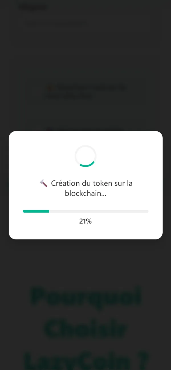 Une fenêtre de progression : « Création du token sur la blockchain… », barre à 21 %.