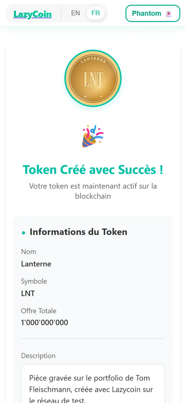 Le rapport : l’image du token, une pièce d’or gravée LNT et LANTERNE, puis « Token créé avec succès ! », le nom Lanterne, le symbole LNT et l’offre totale de 1 000 000 000.