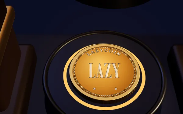 Une pièce d’or gravée « LAZY » et « LAZYCOIN », posée sous le poinçon de la presse, entourée d’un anneau de progression complet.