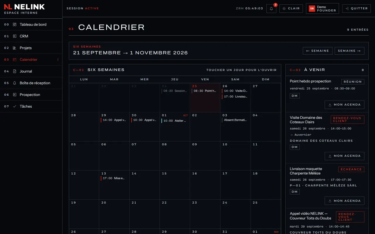 Calendrier sur six semaines, avec la colonne « À venir » : les rendez-vous « Appel vidéo NELINK » fixés au téléphone y figurent.