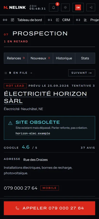 Fiche d'une entreprise inventée dans l'outil réel : hot lead, site obsolète, note Google, numéro mobile, bouton Appeler rouge en bas.