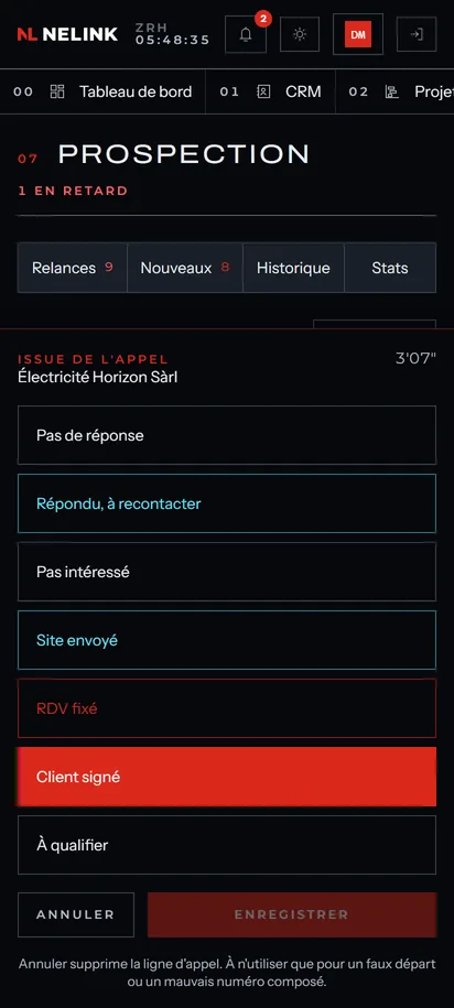 Feuille d'issue de l'outil réel : sept boutons, de « Pas de réponse » à « À qualifier », Annuler et Enregistrer.
