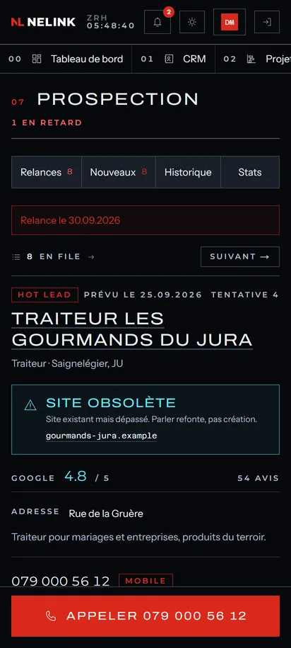 Confirmation « Relance le 30.09.2026 » en haut de la file, et la fiche suivante qui arrive.