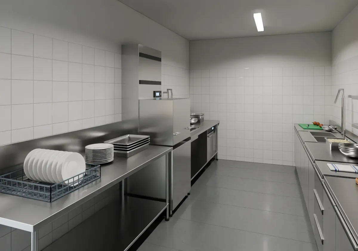La laverie à hauteur d’œil : table en inox, lave-vaisselle à capot, pile d’assiettes, faïence blanche.