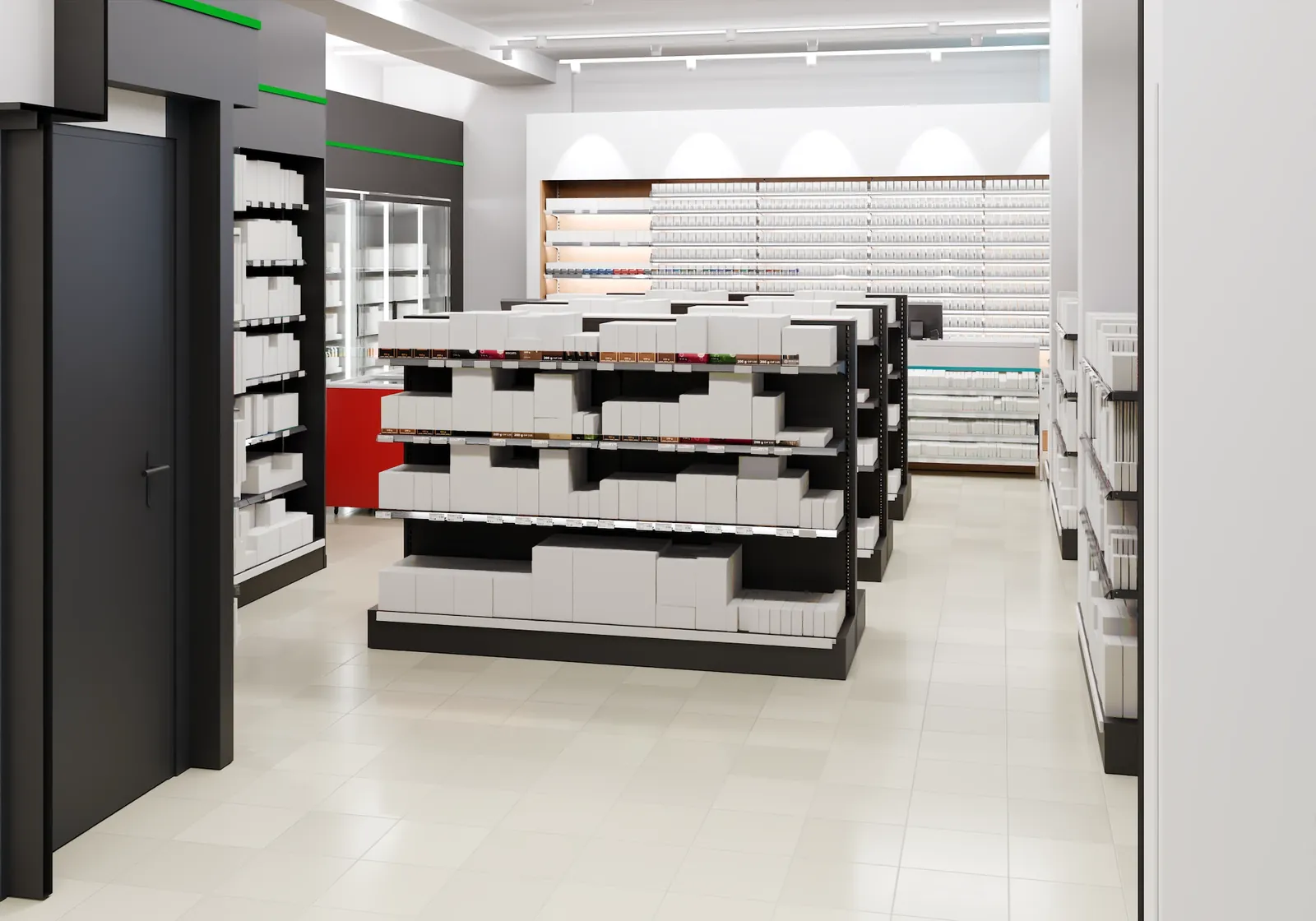 L’allée centrale du shop, gondoles et mur du fond chargés de boîtes blanches.