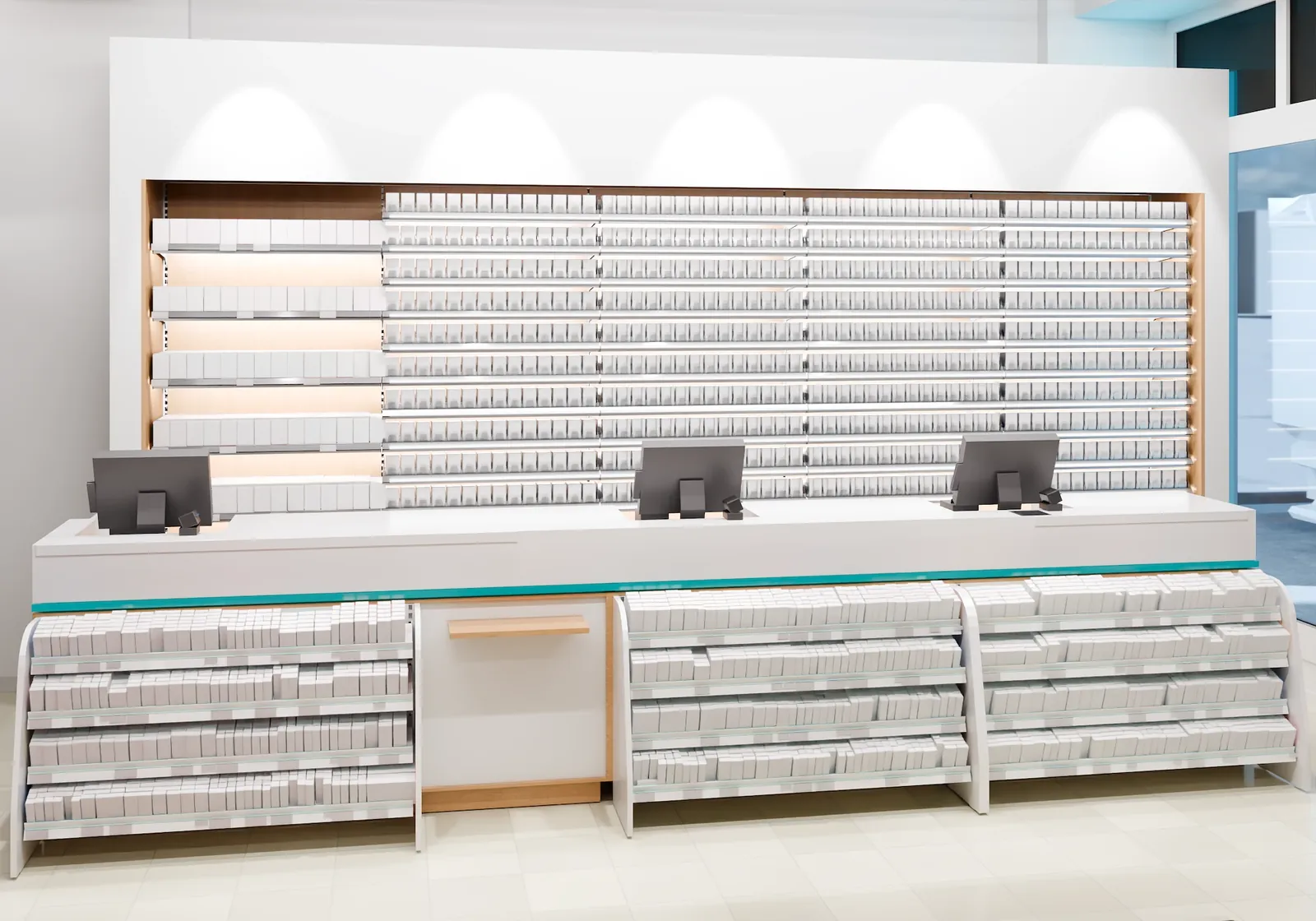 Le comptoir des caisses et le mur de paquets, chaque produit remplacé par une boîte blanche.
