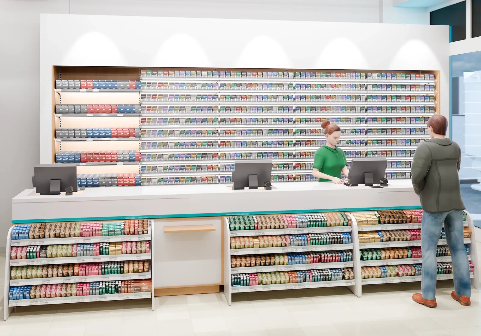 Le comptoir des caisses, rayons pleins, avec une caissière et un client.