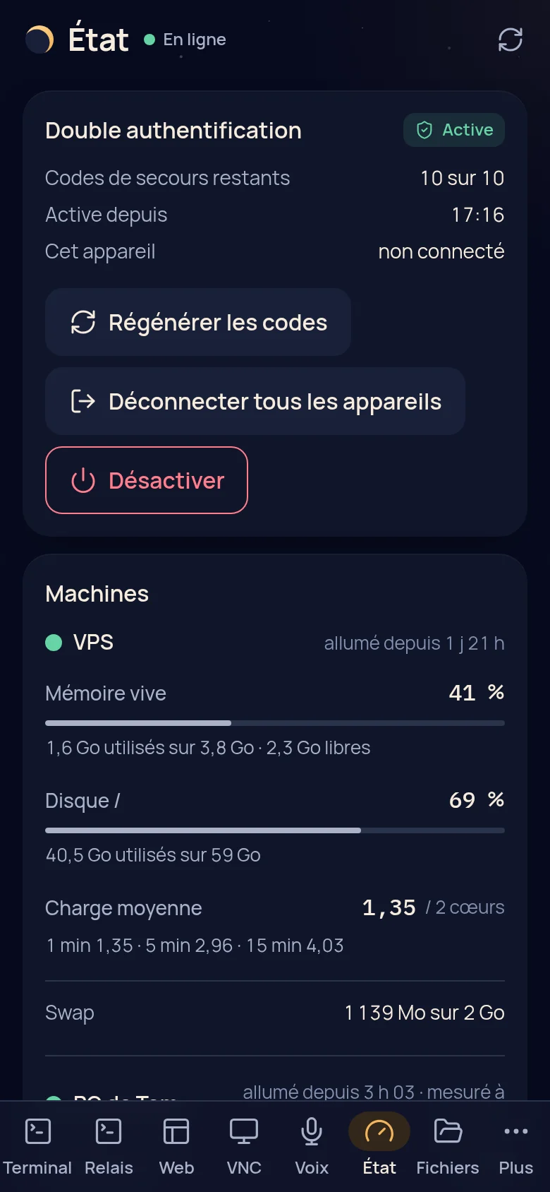 Le même poste de pilotage sur téléphone : double authentification active, puis la carte Machines, avec les onglets en bas.
