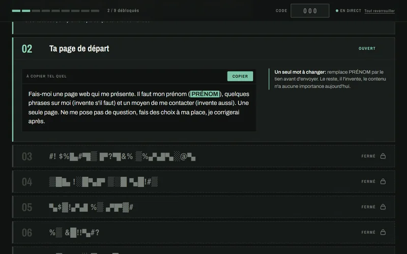 La même page, étape 02 « Ta page de départ » ouverte : la consigne à copier, le bouton Copier, et la note « Un seul mot à changer ».