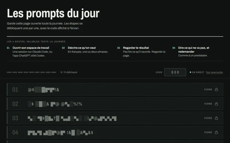 La page des participants, « Les prompts du jour », en thème sombre : les quatre gestes en haut, le champ du code, puis les étapes, toutes brouillées.