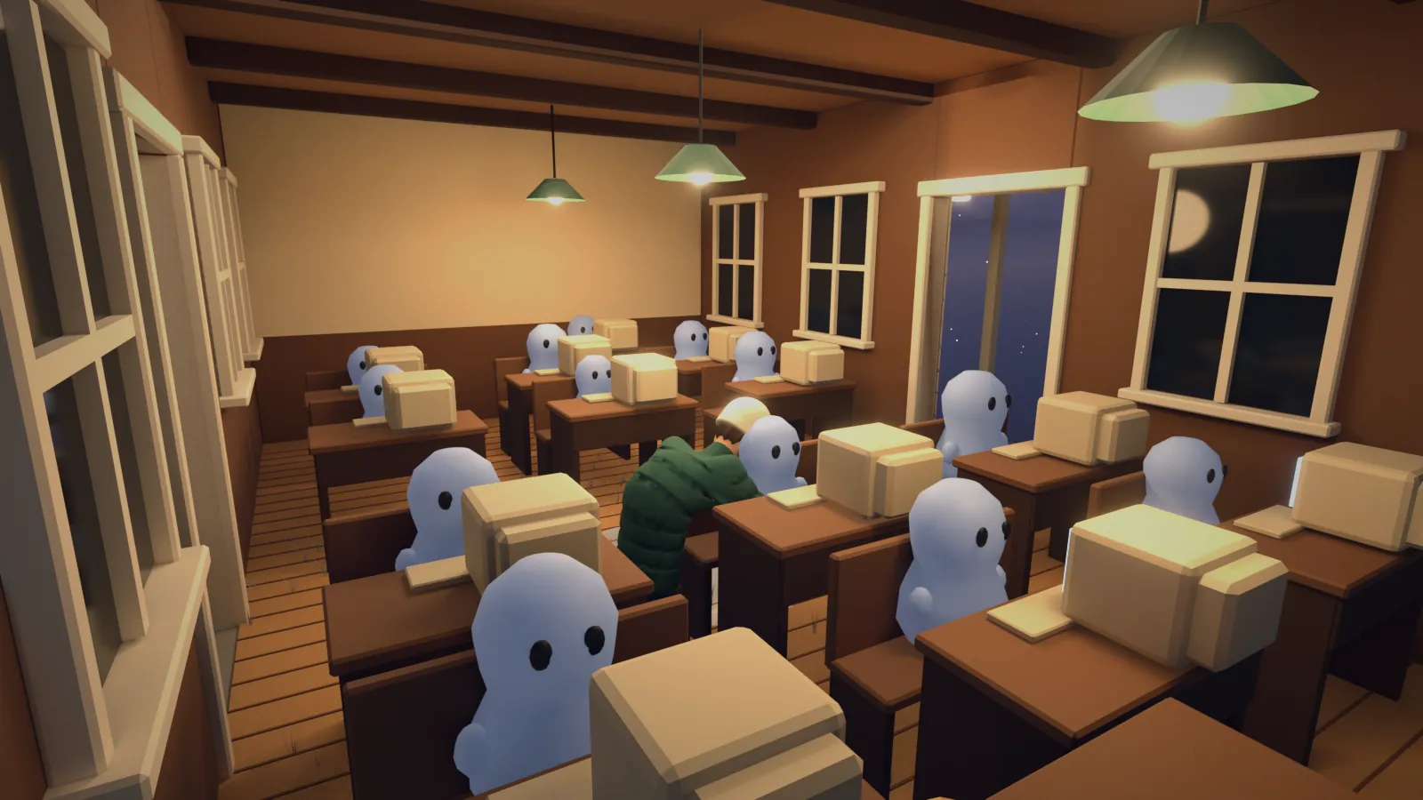 Dans l’école, une salle de classe en bois éclairée par des lampes. De petits esprits sont assis devant de vieux ordinateurs ; en parka verte, je me penche vers l’un d’eux.