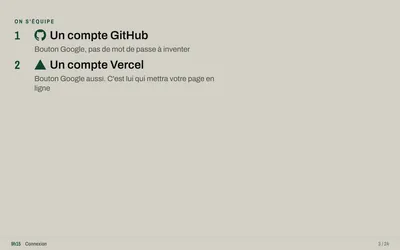 Diapositive 3, « On s'équipe » : un compte GitHub (bouton Google, pas de mot de passe à inventer), puis un compte Vercel (bouton Google aussi, c'est lui qui mettra votre page en ligne).