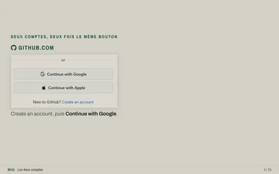 Diapositive 4, « Deux comptes, deux fois le même bouton » : l'écran de connexion de GitHub, avec « Continue with Google ».
