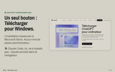 Diapositive 5 : « Un seul bouton : Télécharger pour Windows. L'installation passe par le Microsoft Store. Aucun mot de passe administrateur. Claude Code, lui, ne s'installe pas : claude.ai/code dans le navigateur. »